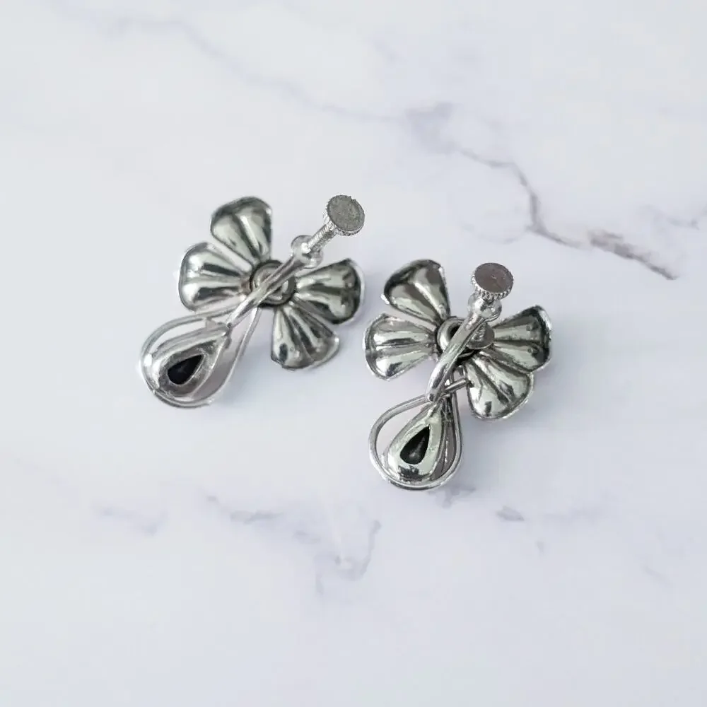 Vintage Screw On Earrings Unusual Silver Tone with Gems 1